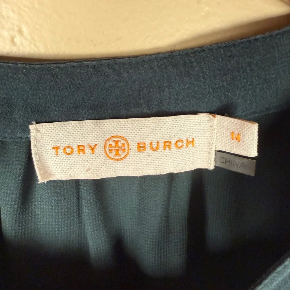 Tory Burch Ruffle Front Blouse‎ Women 14 Forest Green Silk Career Corporatecore